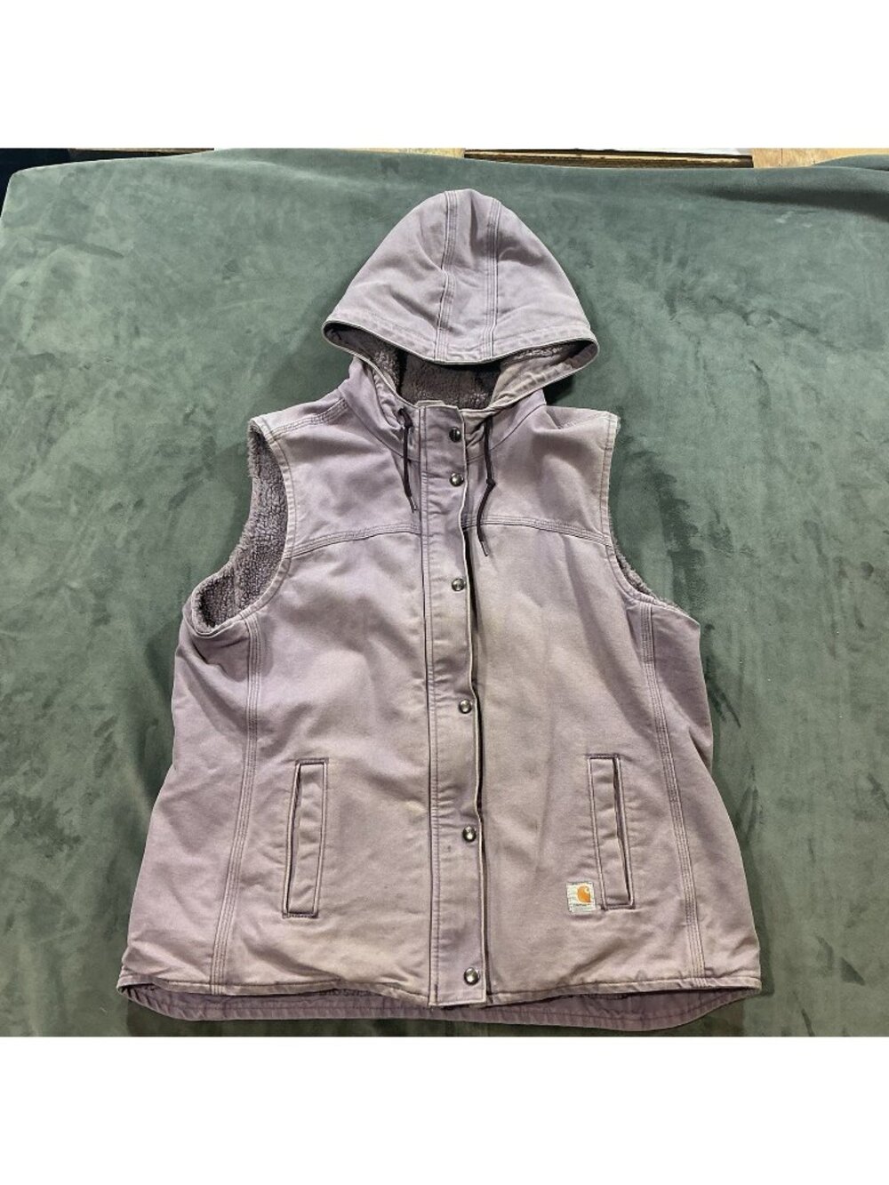 VTG Women’s Lavender Purple Carhartt Farm worn Sherpa Lined Hooded Vest Sz XL